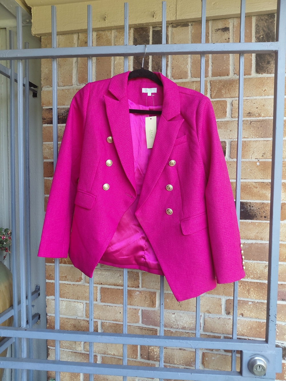 Tailored Hot Pink Double-Breasted Blazer with Gold Buttons